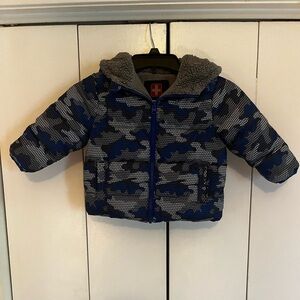 Blue and Gray Swiss Tech Camo Puffer Jacket